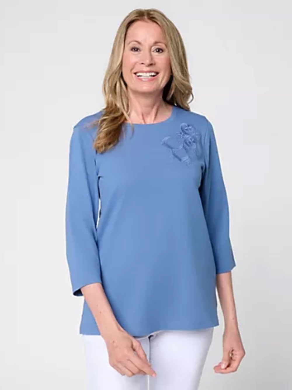 Denim & Co. 100% Cotton Round Neck 3/4 Sleeve Top Embroidery, Indigo Sz S a72303